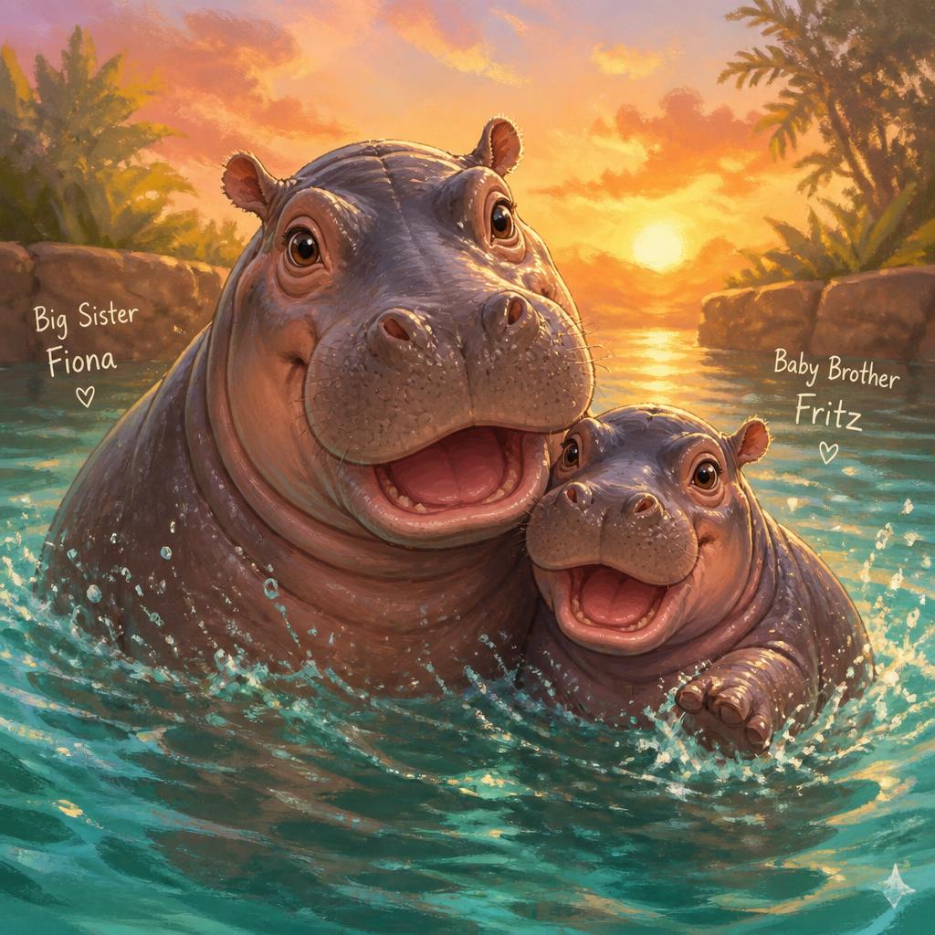 Fiona the hippo with her new baby brother Fritz at sunset